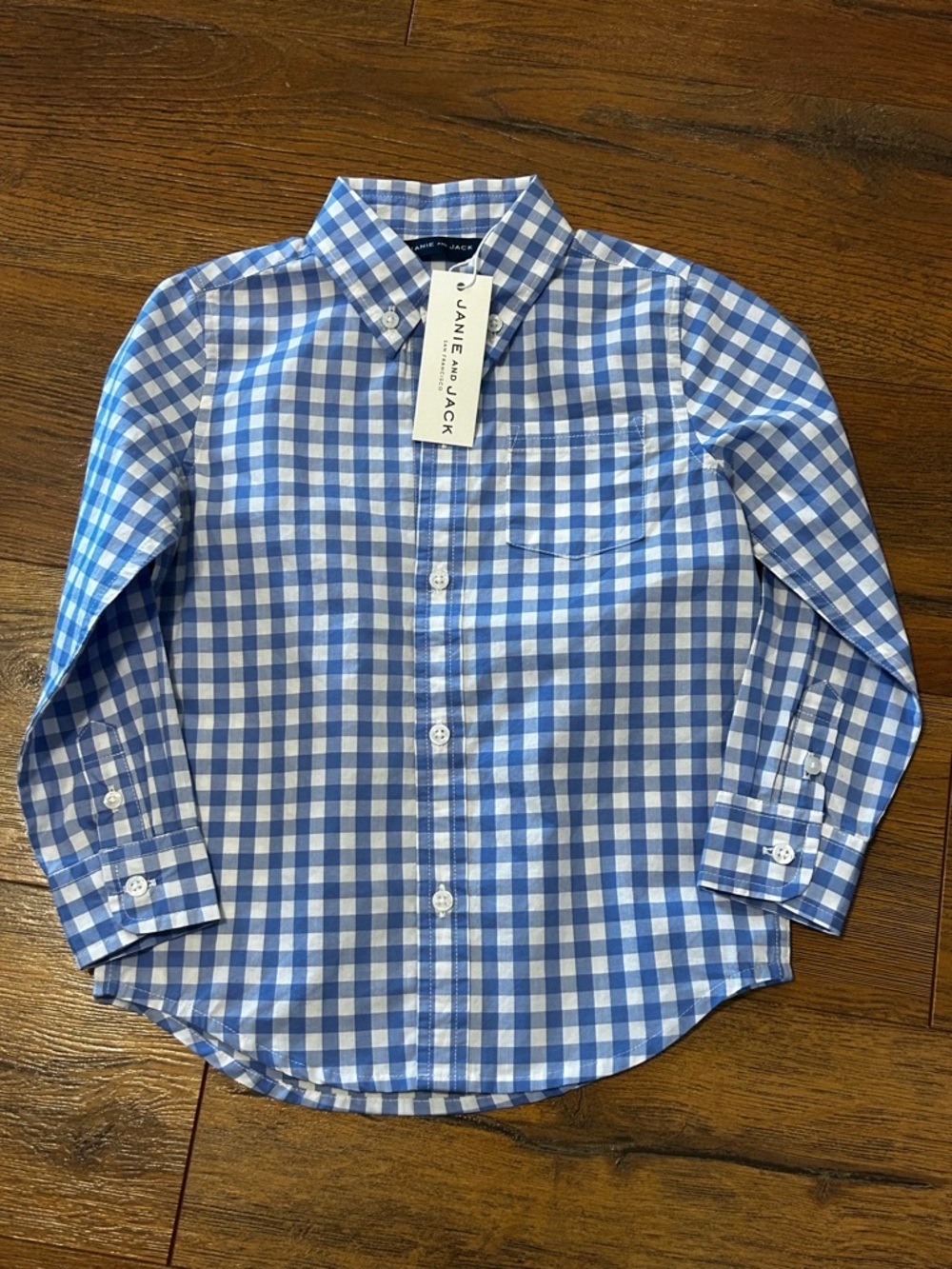 NWT Janie and Jack Boys 3 Blue White Gingham Plaid Button-Down Long Sleeve Shirt